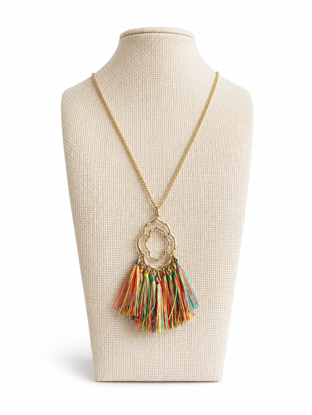 Clover Gold Tone Rainbow Tassel Necklace Boho Statement Fringe Pendant